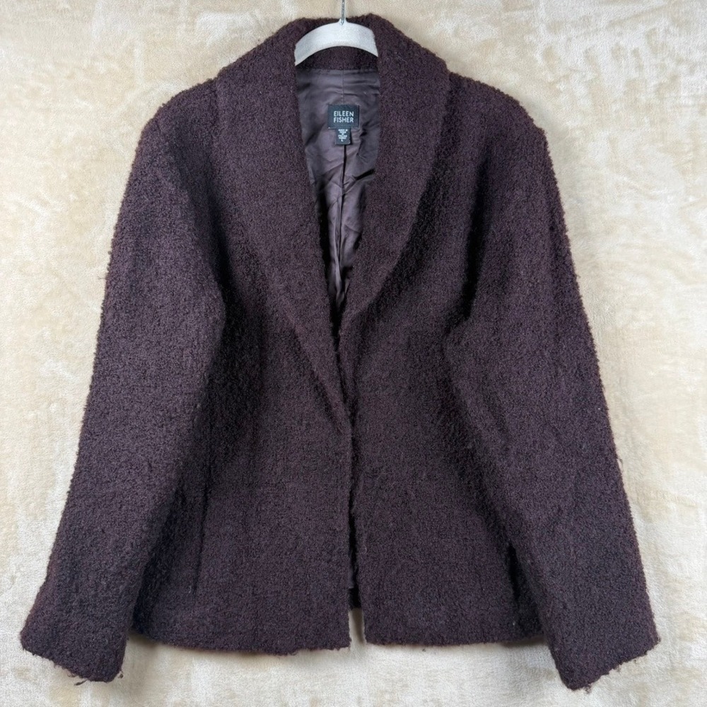 Eileen Fisher L Brown Wool Blend Boucle Shawl Collar Hook Eye Jacket Textured